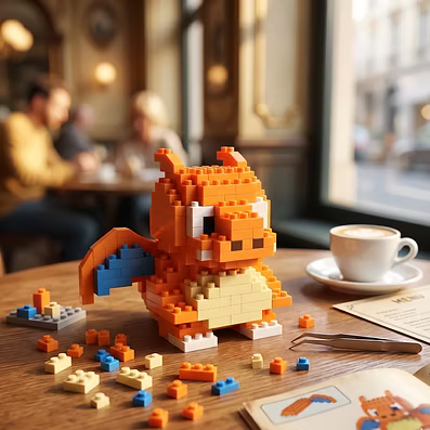 Charizard Pop Bricks build with loose pieces in a café setting