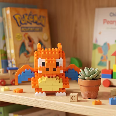 Charizard Pop Bricks mini figure displayed beside books and a plant
