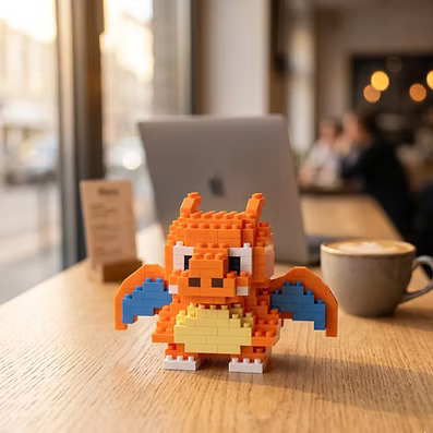 Charizard Pop Bricks mini figure on a café table
