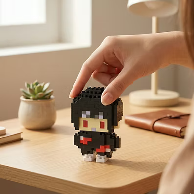 Itachi Pop Bricks mini figure being placed on a desk