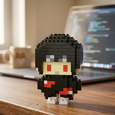 Itachi Pop Bricks mini figure beside a laptop
