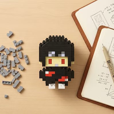 Itachi Pop Bricks build with loose pieces and sketchbook