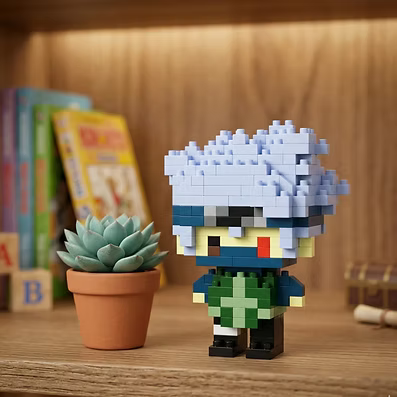 Kakashi Pop Bricks mini figure beside books and a plant