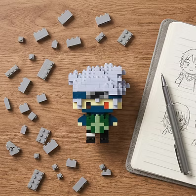 Kakashi Pop Bricks build with loose pieces and sketchbook