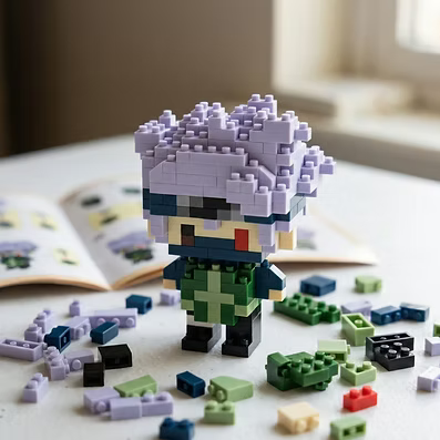 Kakashi Pop Bricks figure surrounded by assembly pieces
