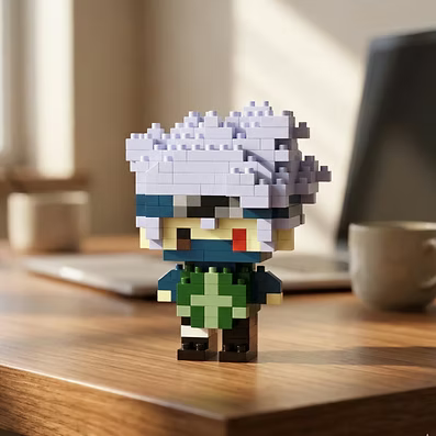 Kakashi Pop Bricks mini figure on a wooden table