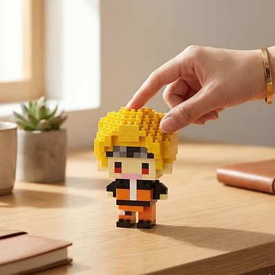 Naruto Pop Bricks mini figure being placed on a desk
