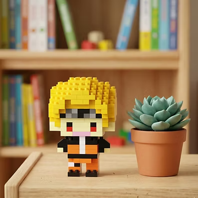 Naruto Pop Bricks mini figure displayed beside books and a plant