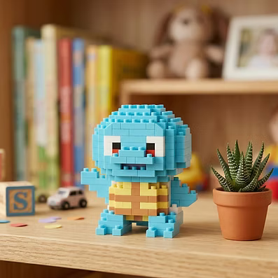 Squirtle Pop Bricks mini figure displayed beside books and a plant